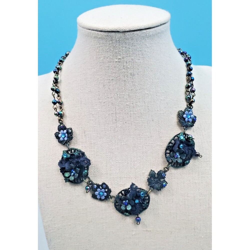 Blue Mixed Media Flower Statement Necklace Iridescent Beads Lace Bronze NWT